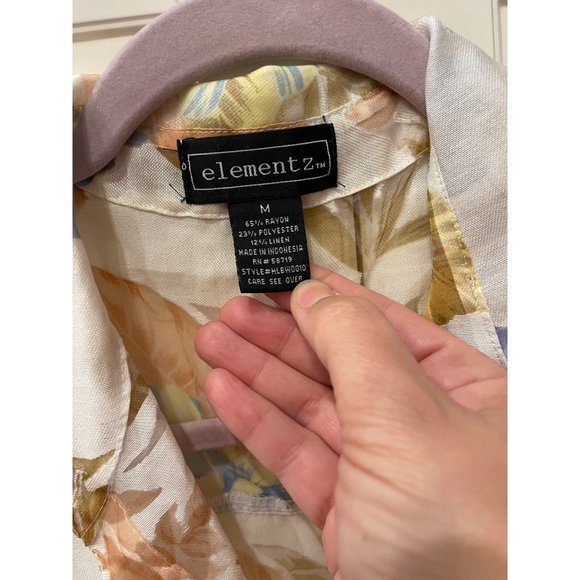 Elementz Sheer Floral Blouse 3/4 Sleeve Button Down Shirt Top Cream Size M - Picture 4 of 12